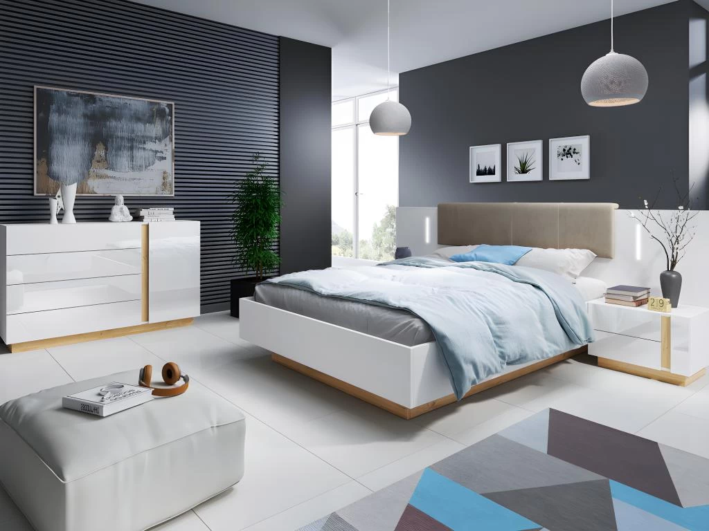 Lit Avec Chevets 160 X 200 Cm - Avec LEDs - Blanc Et Naturel + Sommier - MURARI 3 Lit Avec Chevets 160 X 200 Cm - Avec LEDs - Blanc Et Naturel + Sommier - MURARI – Image 3