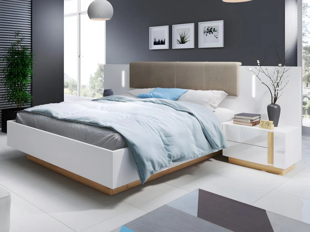 Lit Avec Chevets 160 X 200 Cm - Avec LEDs - Blanc Et Naturel + Sommier - MURARI 4 Lit Avec Chevets 160 X 200 Cm - Avec LEDs - Blanc Et Naturel + Sommier - MURARI – Image 4