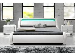 Lit Seattle - Structure De Lit Simili Blanc Avec LED Intégrées - 140x190 Cm -Magasin de lits lit 11578481