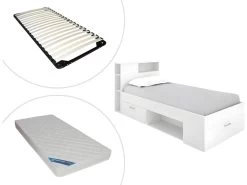 Lit Avec Tête De Lit Rangements Et Tiroir - 90 X 190 Cm - Blanc + Matelas + Sommier - LEANDRE -Magasin de lits lit 12220597