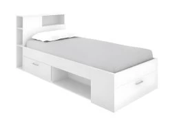 Lit Avec Tête De Lit Rangements Et Tiroir - 90 X 190 Cm - Blanc + Sommier - LEANDRE -Magasin de lits lit 12291407