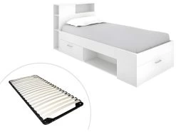 Lit Avec Tête De Lit Rangements Et Tiroir - 90 X 190 Cm - Blanc + Sommier - LEANDRE -Magasin de lits lit 12291417
