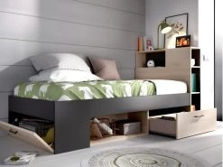 Lit Avec Tête De Lit Rangements Et Tiroir - 90 X 190 Cm - Anthracite Et Naturel + Sommier - LEANDRE -Magasin de lits lit 12291519