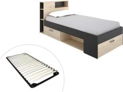 Lit Avec Tête De Lit Rangements Et Tiroir - 90 X 190 Cm - Anthracite Et Naturel + Sommier - LEANDRE -Magasin de lits lit 12291529