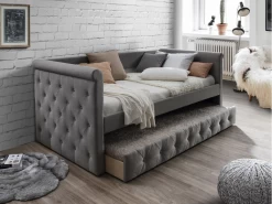 Lit Banquette Gigogne LOUISE - 2x90x190cm - Tissu Gris + Matelas
