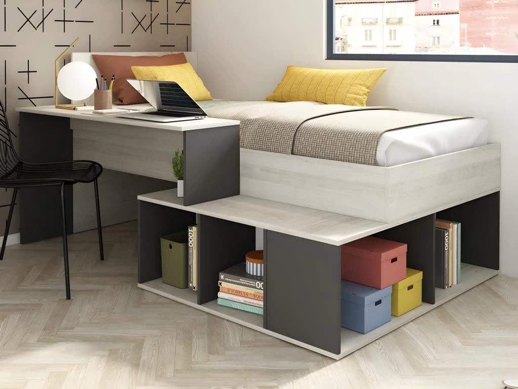 Lit Combiné 90 X 200 Cm Avec Rangements Et Bureau - Coloris : Naturel Et Anthracite + Sommier + Matelas - RIGALI 5 Lit Combiné 90 X 200 Cm Avec Rangements Et Bureau - Coloris : Naturel Et Anthracite + Sommier + Matelas - RIGALI – Image 5