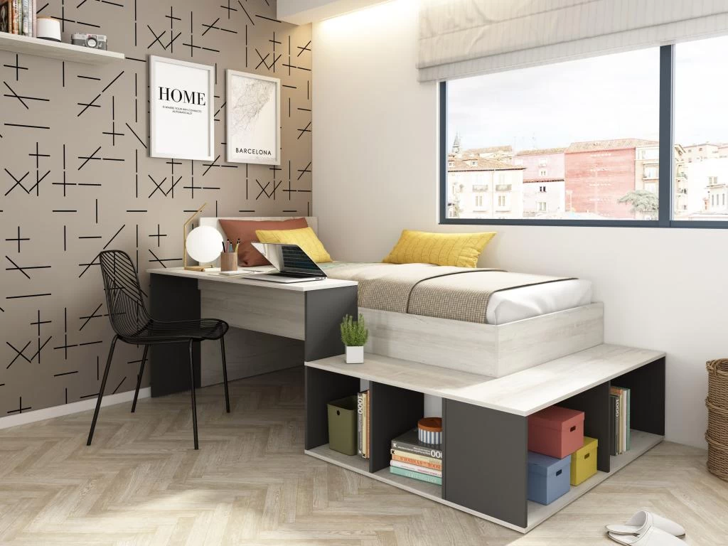 Lit Combiné 90 X 200 Cm Avec Rangements Et Bureau - Coloris : Naturel Et Anthracite + Sommier + Matelas - RIGALI 1 Lit Combiné 90 X 200 Cm Avec Rangements Et Bureau - Coloris : Naturel Et Anthracite + Sommier + Matelas - RIGALI