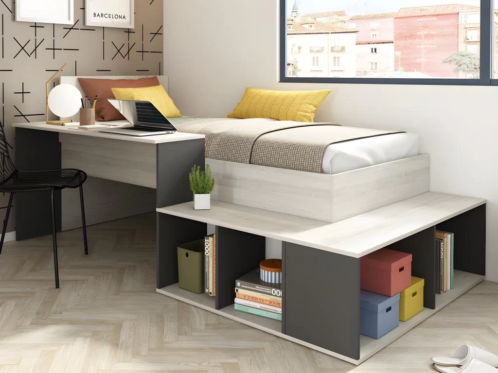Lit Combiné 90 X 200 Cm Avec Rangements Et Bureau - Coloris : Naturel Et Anthracite + Sommier + Matelas - RIGALI 2 Lit Combiné 90 X 200 Cm Avec Rangements Et Bureau - Coloris : Naturel Et Anthracite + Sommier + Matelas - RIGALI – Image 2