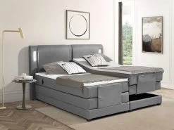 Ensemble Boxspring Tête De Lit Avec Leds + Sommiers Relaxation électrique + Matelas + Surmatelas - 2 X 80 X 200 Cm - Tissu Gris - ASTEMI De PALACIO