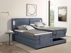 Ensemble Boxspring Tête De Lit Avec Leds + Sommiers Relaxation électrique + Matelas + Surmatelas - 2 X 80 X 200 Cm - Tissu Bleu - ASTEMI De PALACIO
