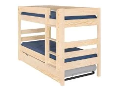 Pack Lit Superposé Avec Sommier Gigogne Et Matelas Nubie Bois Naturel 90x190 Cm