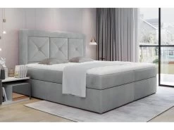 Ensemble Boxspring Complet Tête De Lit + Sommiers + Matelas + Surmatelas IDYLLE - Velours Luxe Gris - 140x200 Cm