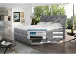 Ensemble Boxspring Complet Tête De Lit + Sommiers + Matelas + Surmatelas MIRO Tissu Luxe Gris - 140x200 Cm -Magasin de lits lit 13173787