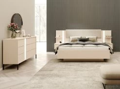 Lit Avec Chevets 160 X 200 Cm - Avec LEDs - Coloris : Beige + Sommier - ELYNIA