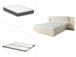 Lit Avec Chevets 160 X 200 Cm - Avec LEDs - Coloris : Beige + Sommier + Matelas - ELYNIA -Magasin de lits lit 13301405