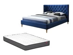 Lit 140 X 190 Cm Avec Tête De Lit Capitonnée - Velours - Bleu Roi + Matelas - ENODI -Magasin de lits lit 13514059