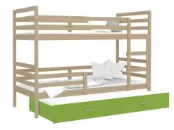 Lit Superposé 3 Places Milo 90x190 Pin - Vert Livré Avec Sommiers, Tiroir Et Matelas En Mousse De 7cm