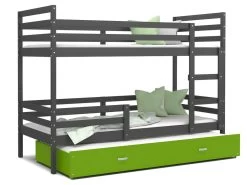 Lit Superposé 3 Places Milo 90x190 Gris - Vert Livré Avec Sommiers, Tiroir Et Matelas En Mousse De 7cm