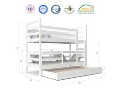 Lit Superposé 3 Places Milo 90x190 Gris - Vert Livré Avec Sommiers, Tiroir Et Matelas En Mousse De 7cm -Magasin de lits lit 13616943