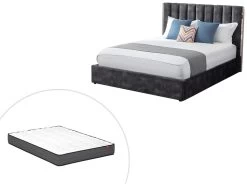 Lit 160 X 200 Cm Avec Tête De Lit Coutures Verticales - Velours - Anthracite + Matelas - FEROYA -Magasin de lits lit 13621567