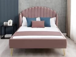 Lit 140 X 190 Cm Avec Tête De Lit Ondulée - Velours - Vieux Rose + Matelas - SAGALI -Magasin de lits lit 13621735