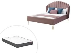 Lit 140 X 190 Cm Avec Tête De Lit Ondulée - Velours - Vieux Rose + Matelas - SAGALI -Magasin de lits lit 13621743