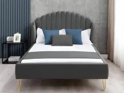 Lit 160 X 200 Cm Avec Tête De Lit Ondulée - Velours - Gris + Matelas - SAGALI -Magasin de lits lit 13621787
