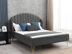 Lit 160 X 200 Cm Avec Tête De Lit Ondulée - Velours - Gris + Matelas - SAGALI