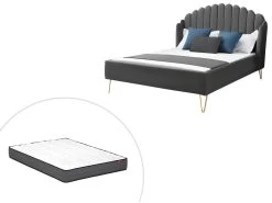 Lit 160 X 200 Cm Avec Tête De Lit Ondulée - Velours - Gris + Matelas - SAGALI -Magasin de lits lit 13621793