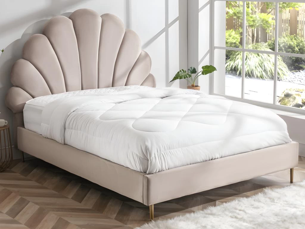 Lit Coquillage 160 X 200 Cm - Velours - Beige + Matelas - LIVAYA 2 Lit Coquillage 160 X 200 Cm - Velours - Beige + Matelas - LIVAYA – Image 2