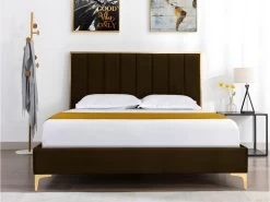 Lit 160 X 200 Cm Avec Tête De Lit Coutures Verticales - Velours - Marron Et Doré + Matelas - CLARISSE -Magasin de lits lit 14182025