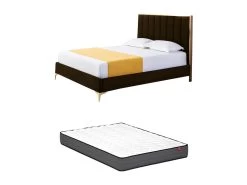 Lit 160 X 200 Cm Avec Tête De Lit Coutures Verticales - Velours - Marron Et Doré + Matelas - CLARISSE -Magasin de lits lit 14182093