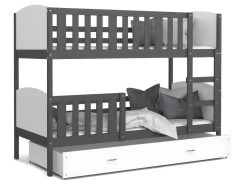 Lit Superposé Tomy 90x190 Gris - Blanc Livré Avec Sommiers, Tiroir Et Matelas En Mousse De 7cm