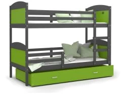 Lit Superposé Mateo 90x190 Gris - Vert Livré Avec Sommiers, Tiroir Et Matelas En Mousse De 7cm