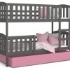 Lit Superposé Teo 90x190 Gris - Rose Livré Avec Sommiers, Tiroir Et Matelas En Mousse De 7cm