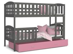 Lit Superposé Teo 90x190 Gris - Rose Livré Avec Sommiers, Tiroir Et Matelas En Mousse De 7cm