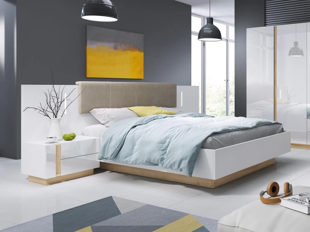 Lit Avec Chevets 160 X 200 Cm - Avec LEDs - Blanc Et Naturel + Sommier - MURARI 2 Lit Avec Chevets 160 X 200 Cm - Avec LEDs - Blanc Et Naturel + Sommier - MURARI – Image 2