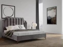 Lit 160 X 200 Cm Avec Tête De Lit Incurvée - Velours - Anthracite + Matelas - CAMILLA II