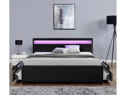 Lit Enfield - Structure De Lit En PU Noir Avec Rangements Et LED Intégrées - 160x200 Cm