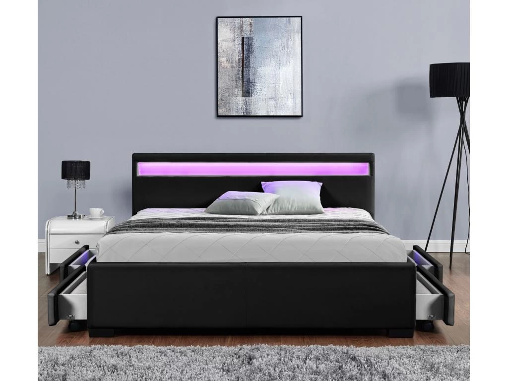 Lit Enfield - Structure De Lit En PU Noir Avec Rangements Et LED Intégrées - 160x200 Cm 2 Lit Enfield - Structure De Lit En PU Noir Avec Rangements Et LED Intégrées - 160x200 Cm – Image 2
