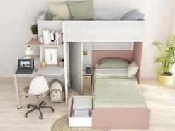 Lits Superposés 2 X 90 X 190 Cm - Avec Bureau - Gris, Blanc Et Rose - SAMUEL -Magasin de lits lit 15163525