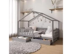 Lit Cabane ELEA Lit Enfant Simple 90 X 200 Cm, Avec 2 Tiroirs De Rangement, En Pin Massif Lasuré Gris
