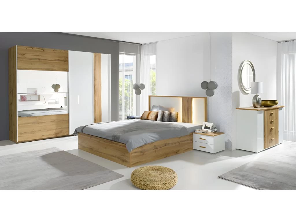Lit Adulte Design WOOD 160x200 Cm + Option Coffre + LED Dans La Tête De Lit. 1 Lit Adulte Design WOOD 160x200 Cm + Option Coffre + LED Dans La Tête De Lit.