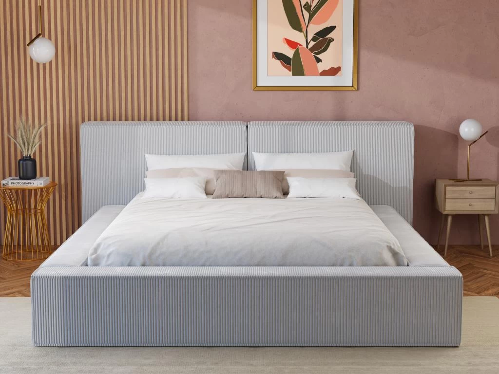 Lit Coffre 160 X 200 Cm - Velours Côtelé - Gris Clair + Matelas - TIMANO 2 Lit Coffre 160 X 200 Cm - Velours Côtelé - Gris Clair + Matelas - TIMANO – Image 2