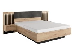 Lit Avec Chevets 160 X 200 Cm - Avec LEDs - Coloris : Naturel Et Noir + Sommier + Matelas - ARIADA -Magasin de lits lit 18637985