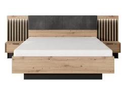 Lit Avec Chevets 160 X 200 Cm - Avec LEDs - Coloris : Naturel Et Noir + Sommier + Matelas - ARIADA -Magasin de lits lit 18638007