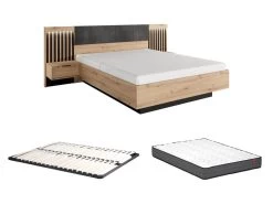Lit Avec Chevets 160 X 200 Cm - Avec LEDs - Coloris : Naturel Et Noir + Sommier + Matelas - ARIADA -Magasin de lits lit 18638021