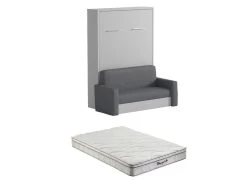 Lit Escamotable Canapé 140 X 200 Cm - Ouverture Verticale Manuelle - Blanc Et Gris + Matelas - VACIALA II -Magasin de lits lit 18855187