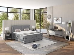 Ensemble Boxspring Tête De Lit Avec Leds + Sommiers Relaxation électrique + Matelas + Surmatelas - 2 X 80 X 200 Cm - Tissu Gris - ASTEMI De PALACIO -Magasin de lits lit 18856239
