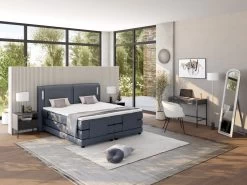 Ensemble Boxspring Tête De Lit Avec Leds + Sommiers Relaxation électrique + Matelas + Surmatelas - 2 X 80 X 200 Cm - Tissu Bleu - ASTEMI De PALACIO -Magasin de lits lit 18856243
